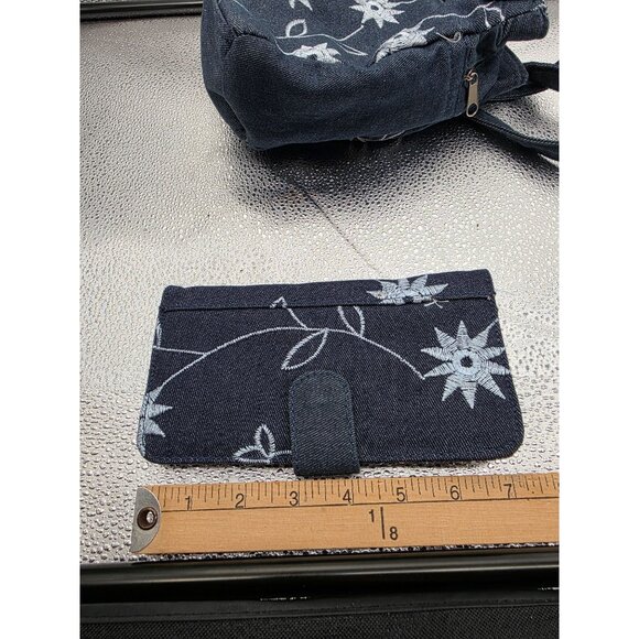 Floral Embroidered Denim Handbag With Zipper Closure & Matching Wallet Set - Picture 15 of 16